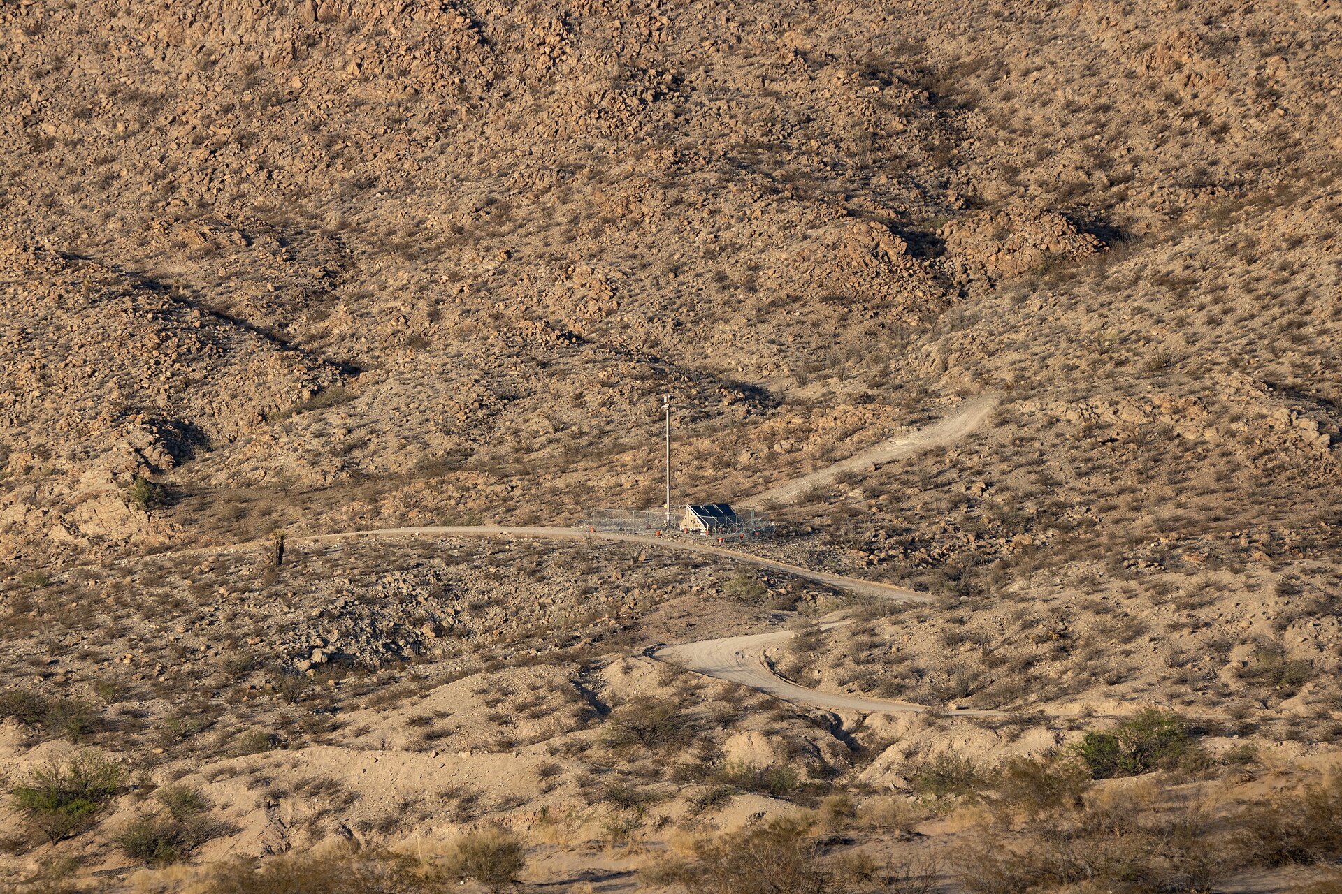 A US Customs and Border Protection Anduril Sentry surveillance tower on Mount Cristo Rey, New Mexico.
