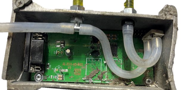 Air pressure measurement unit (ADU) — Two brass pressure ports tubed to sensors on the board