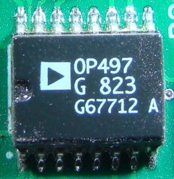 Quad Operational Amplifier, marked OP497 G 823 G67712 A