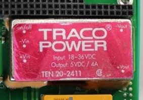 DC/DC converter, marked TRACO POWER Input: 18-36VDC Output: 5 VDC/ 4A TEN 20-2411