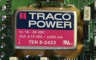 TRACO POWER, marked TRACO POWER Inc:18-26 VDC Out±15 VDC/±265mA TEN 8-2423