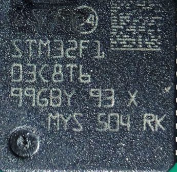 Microcontroller, marked STM32F1 03C8T6 99GBY 93 X MYS 504 RK