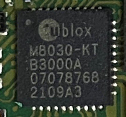 GPS tracker chip, marked M8030-KT B3000A 07078768 2109A3